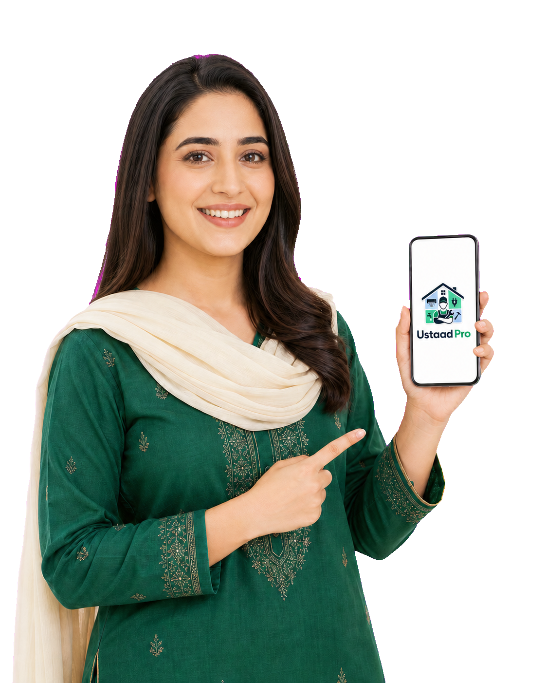 Ustaad Pro app customer holding a smartphone displaying the Ustaad Pro logo